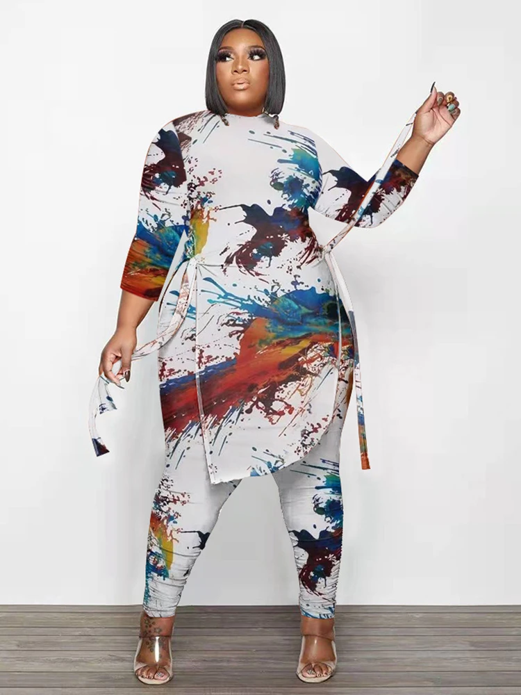 

ZJFZML ZZ Plus Size Two Piece Sweatsuits Women's Costumes Camouflage Print Side Split Long T-shirts and Fitness Pencil Legging
