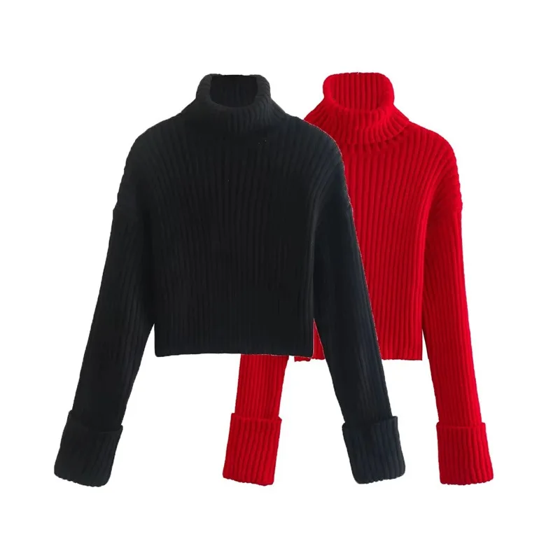 

Clothland Women Elegant Red Black Turtleneck Sweater Long Sleeve Short Style Crop Top Knitwear Casual Pullover Tops HA327