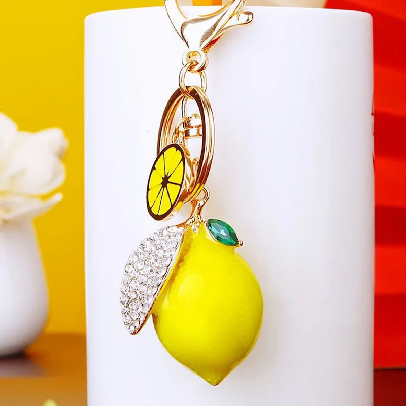 New Cute Rhinestone Simulation Fruit Small Lemon Keychain Cartoon Women Bag Car Key Chain Ring K5121