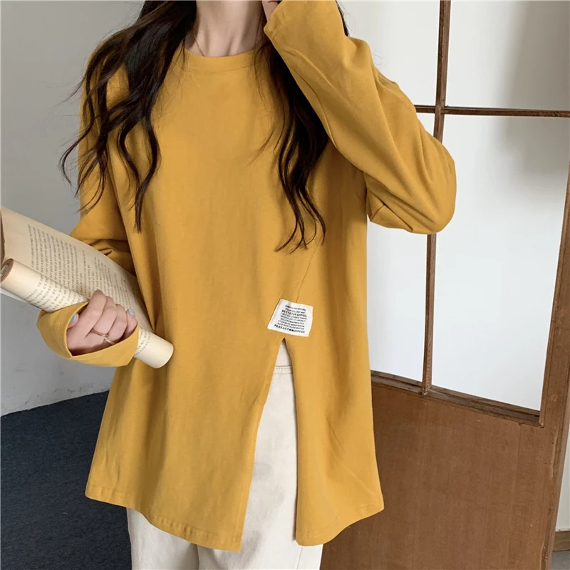 

WW1618 New Korean version loose mid-length slit top design niche white long-sleeved T-shirt top