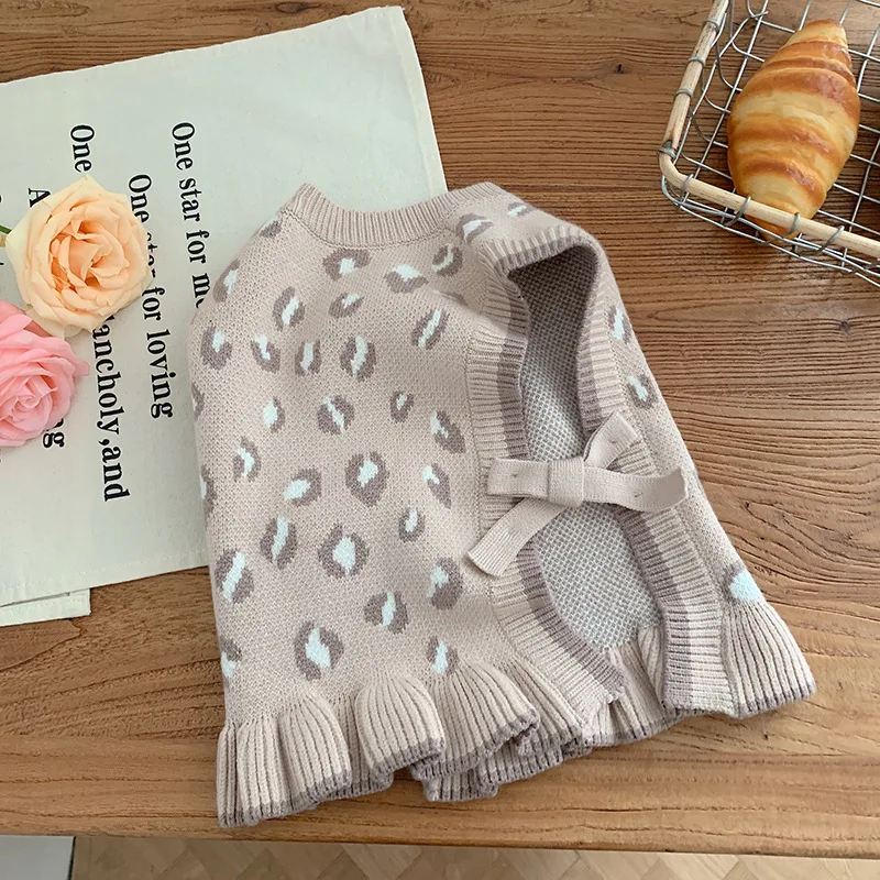 

Knitted Leopard Waistcoat Girl Neck Spring Children Tops Knitwear Vest New Toddler Clothes Ruffles Round 0-6years Fashion Kids