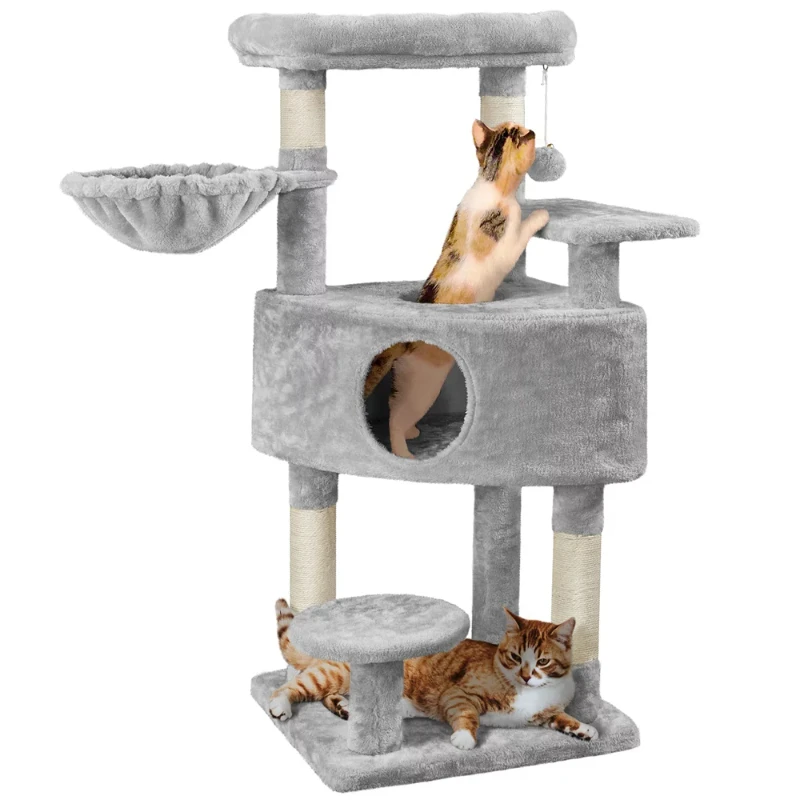 

Multilevel Plush Cat Tree Indoor Activity Tower with Basket Condo for Kittens, Light Gray