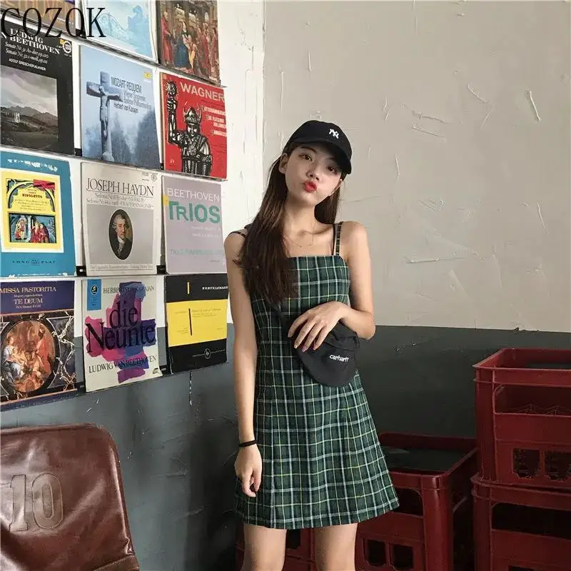 COZOK 2022 Summer Korean Version Commuter lady sling Dress small fresh Plaid Sling thin Dress summer dress