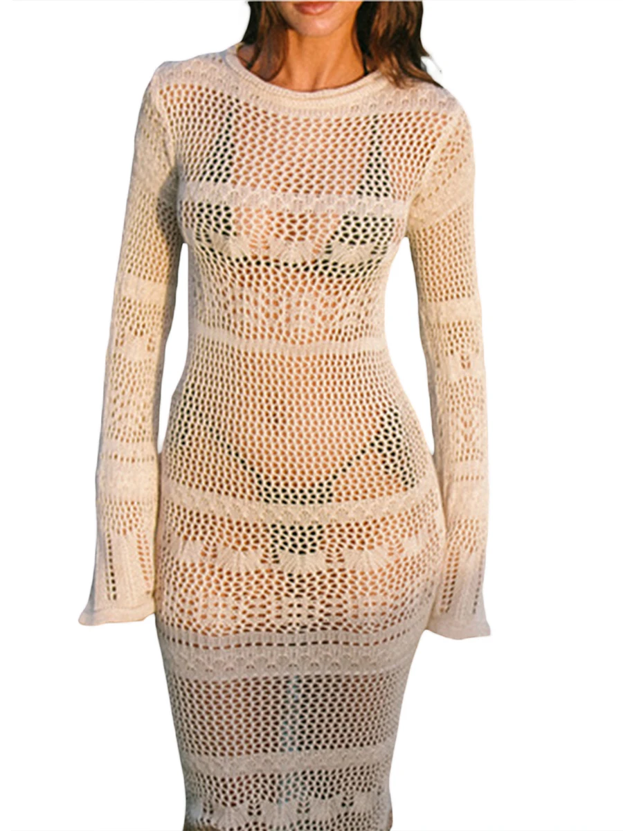 

Louatui женское летнее бикини накидка с вырезами прозрачное вязаное крючком с длинным рукавом О-образным вырезом тонкое платье миди
