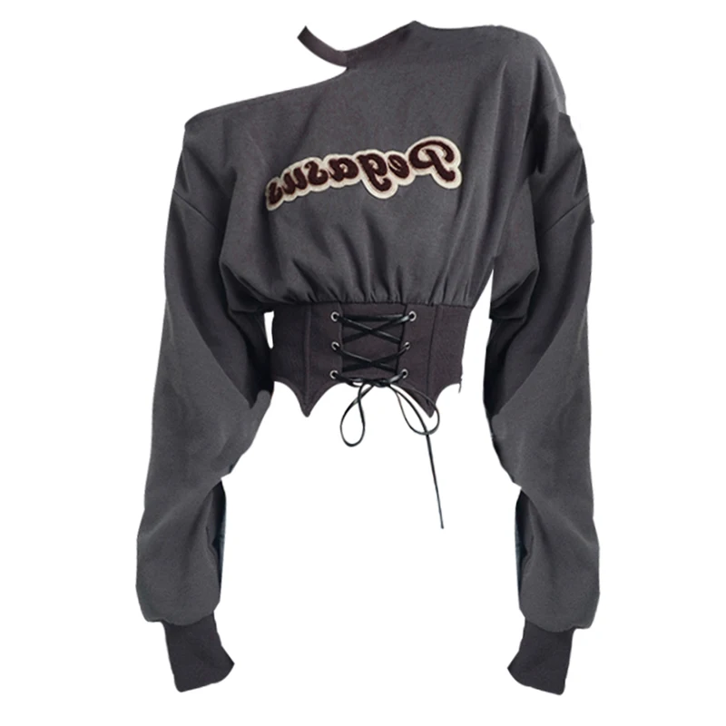 

Весенне-осенний свободный кроп-топ zawхиты с открытыми плечами и тонкой талией, Женский шикарный дизайнерский свитшот с длинным рукавом Y2K и надписью