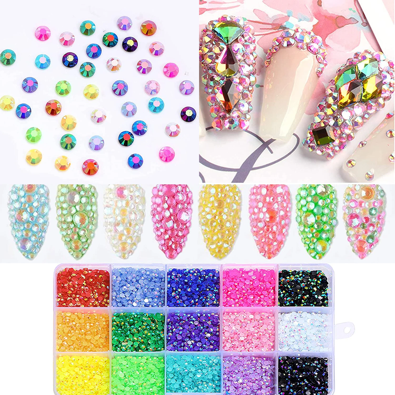 

1 коробка полимерных желеобразных бусин для ногтей без горячей фиксации, смешанные кристаллические бусины AB Aurora, драгоценные камни с плоской задней стороной для ногтей, красочные украшения для маникюра