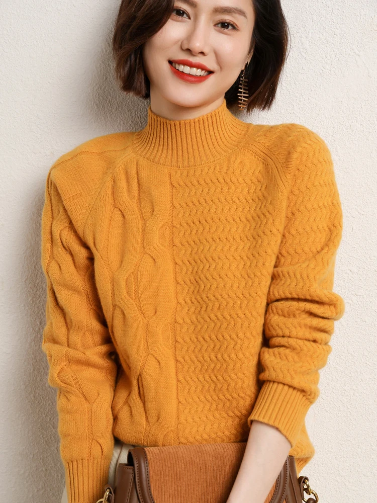 

2023 New Autumn Winter Women Sweater 100% Merino Wool Mock Neck Long Sleeve Pullover Thick Warm Cashmere Kintwear Korean Fashion