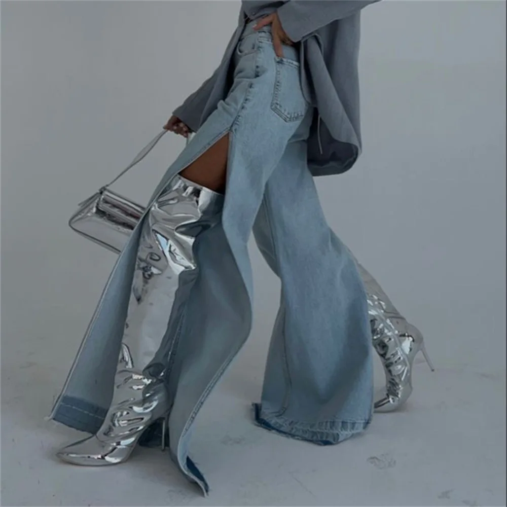 

Женские джинсы с высокой талией, расклешенные брюки с разрезом, осенне-зимние модные мешковатые брюки, джинсовые брюки с широкими штанинами в стиле High Street, женские повседневные джинсы w844