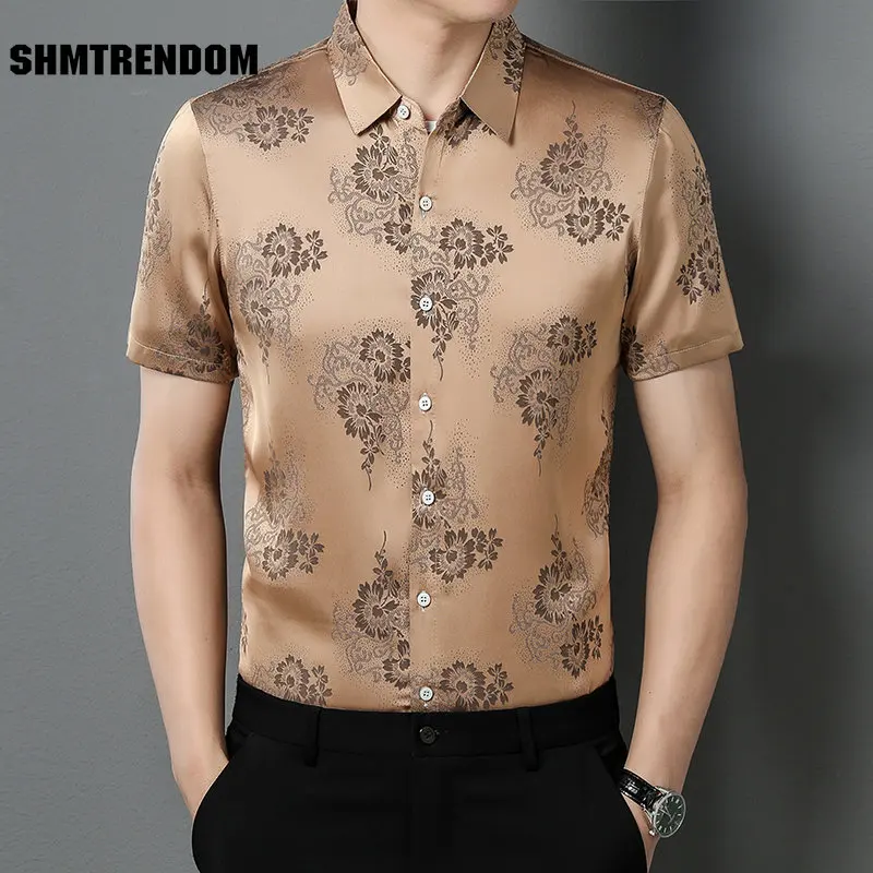 

High-End Luxury Casual Loose Printed Short Sleeve Dress Shirt Men Summer New Quality Smooth Comfortable Silky Cool Chemise Homme