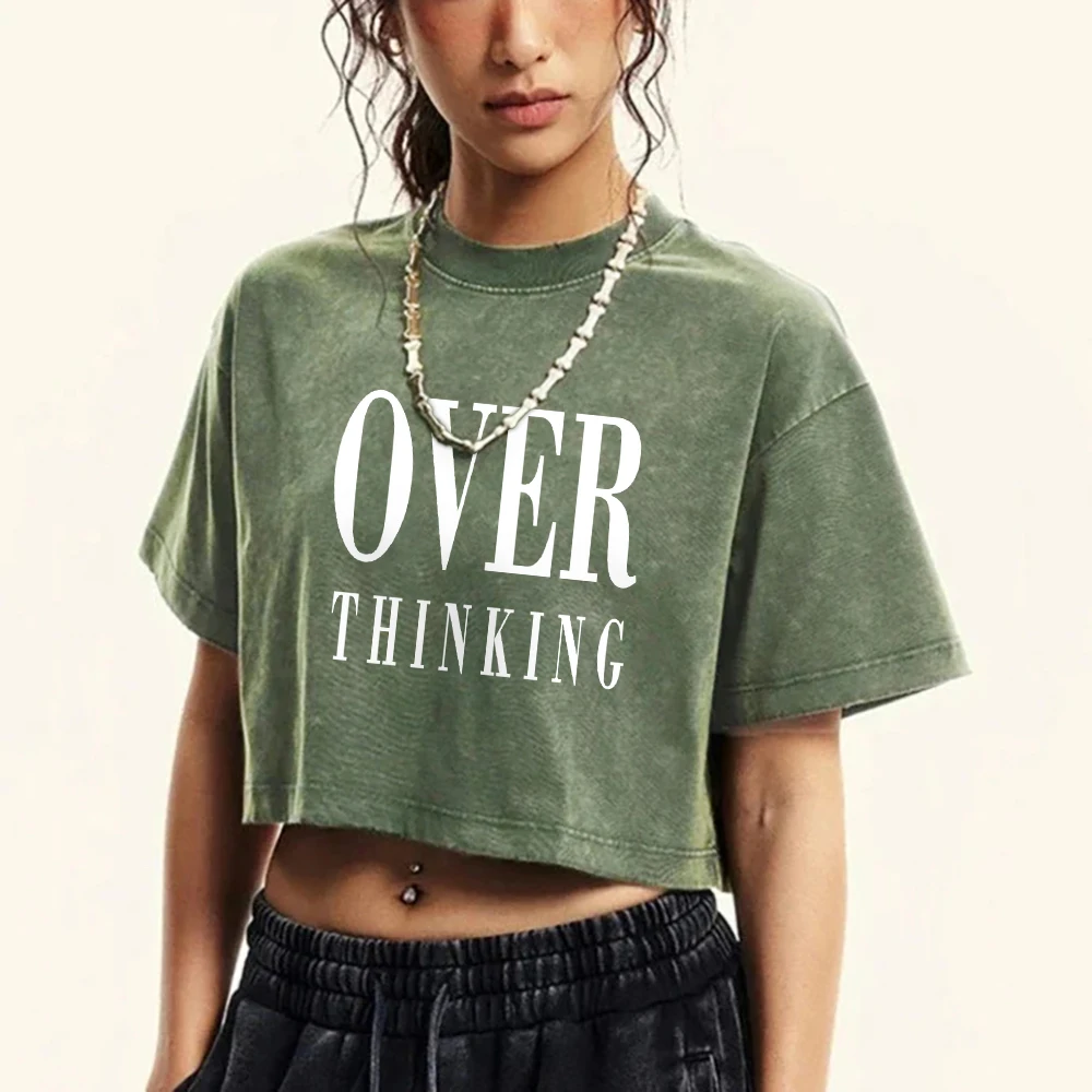 Over Thinking Art Letter Print Washed T-Shirts Women Fashion Cotton Crop Top Street Hip Hop Clothes Retro Summer T Shirts