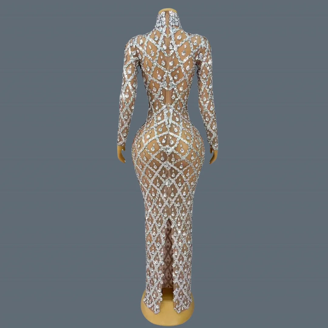 Роскошное прозрачное сетчатое платье с блестящими стразами для вечеринки по