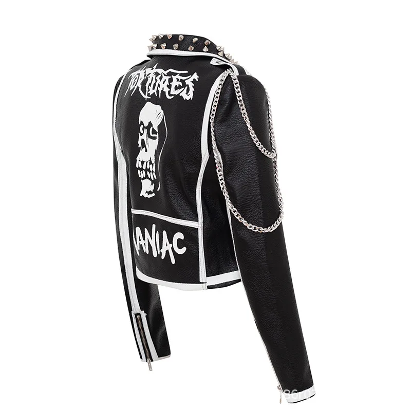Women's spring and autumn new street motorcycle girl personality skull print heavy industry rivet short leather jacket spot