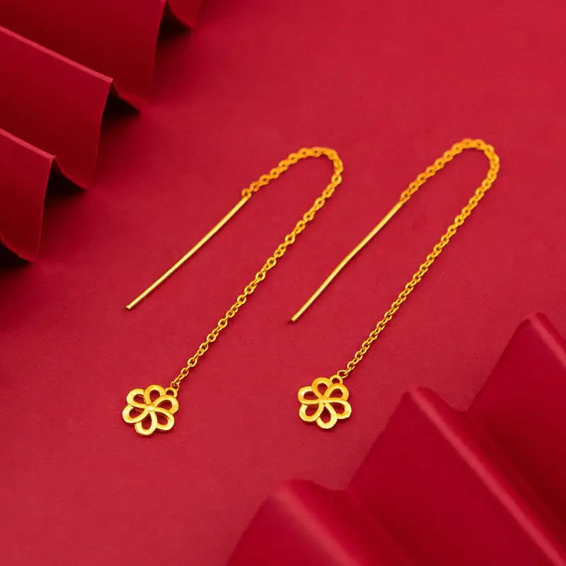 

24K Gold Plated Floral Dangle Long Ear Line Women Earrings Luxury Korean Fashion