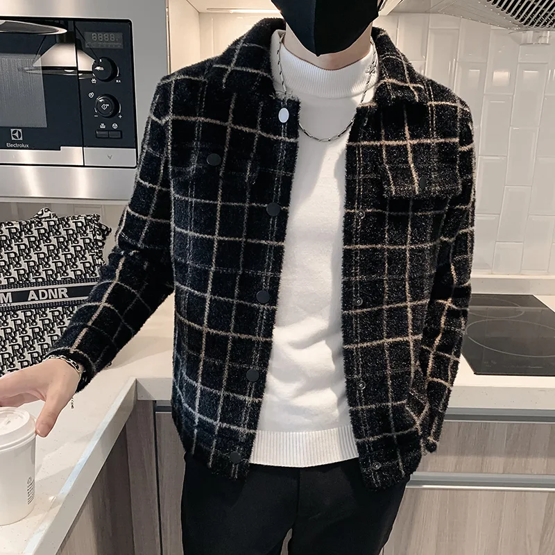 2022 Autumn Winter New Woolen Jackets for Men Fashion Plaid Casual Short Trench Coat Faux Mink Fleece Social Streetwear Overcoat