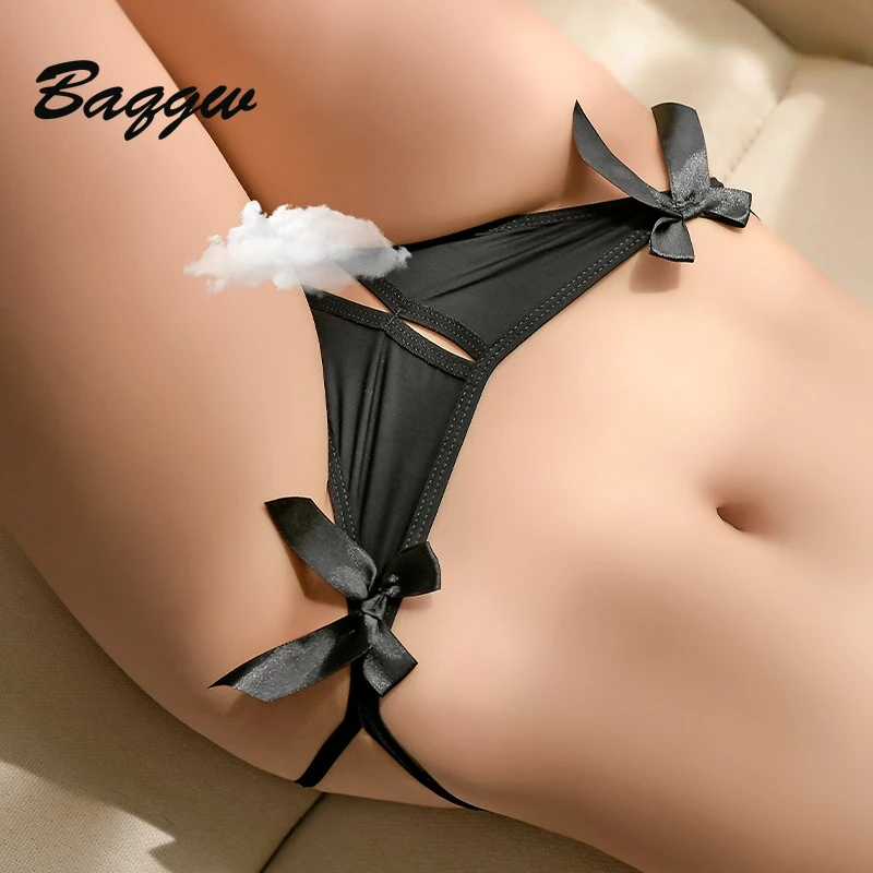 Erotic Open Crotch Panties Women Briefs G String Sexy Hollow Out Bowknot Stretch Skinny Solid Color Seduction Lingerie Costume