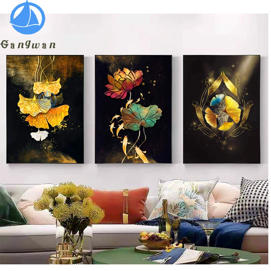 

5D алмазная живопись «сделай сам», Золотая гинкго билоба, полностью квадратная Алмазная вышивка лотос кои, рыба, стразы, 3 шт., домашний декор ручной работы