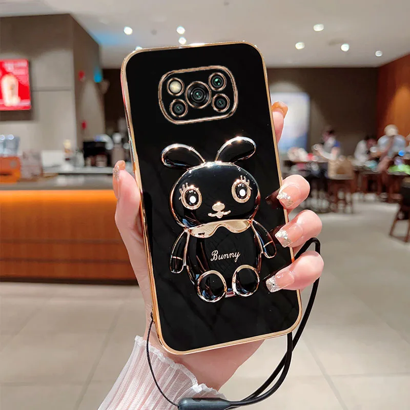 Cute Cartoon Rabbit Fold Stand For Xiaomi Poco X3 Pro Nfc Phone Case With Lanyard Luxury Plating Cover