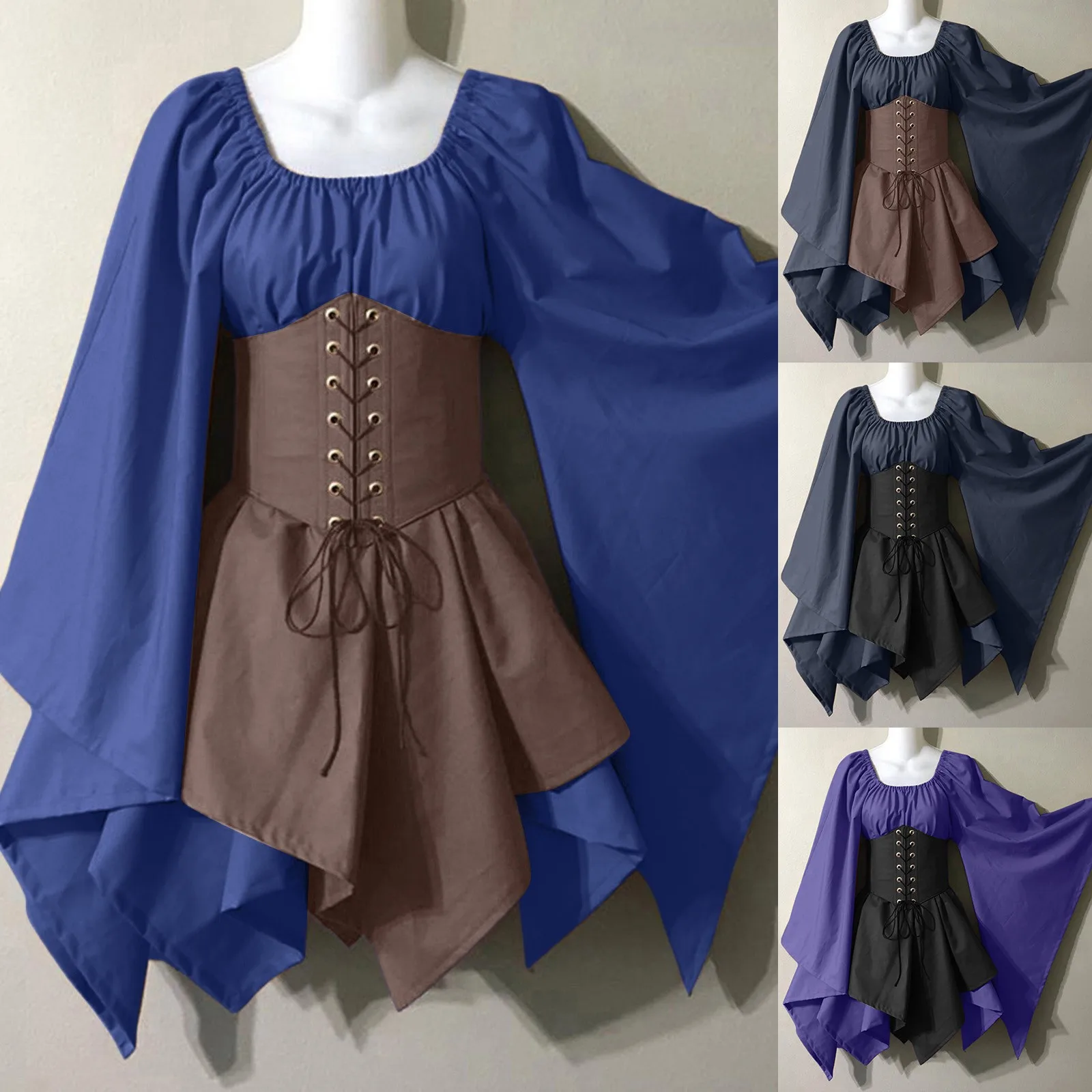 

Medieval Costume For Womens Trumpet Sleeve Irish Shirt Dress With Corset Traditional Dress Beach Dress for Women Casual
