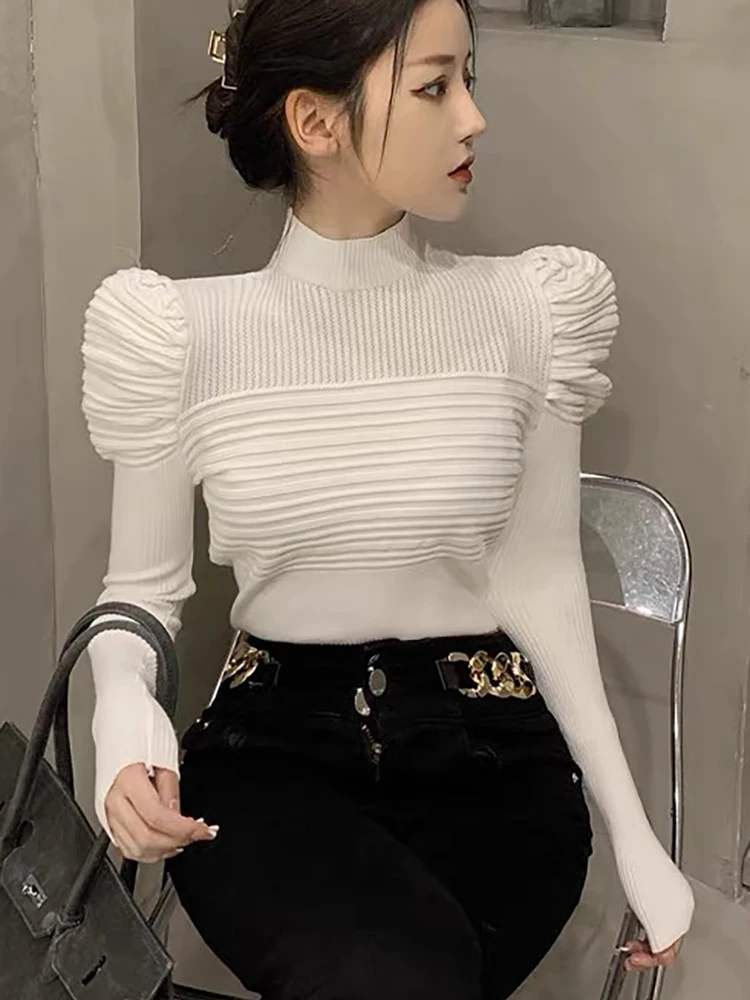

Autumn Whinter Clothes Women Sweater Pullover Mock Neck Long Sleeve White Knit Pull Femme Hiver 2022 Vintage Fashion Tops Female