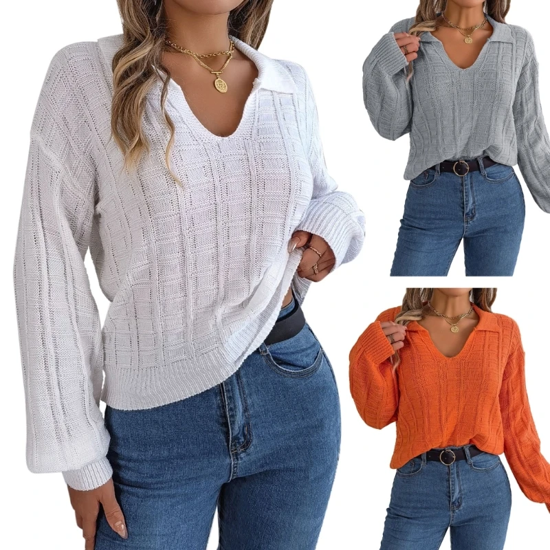 

Winter Womens V-Neck Lapel Sweater Solid Color Long Sleeve Sweaters Knitted Tops Dropship
