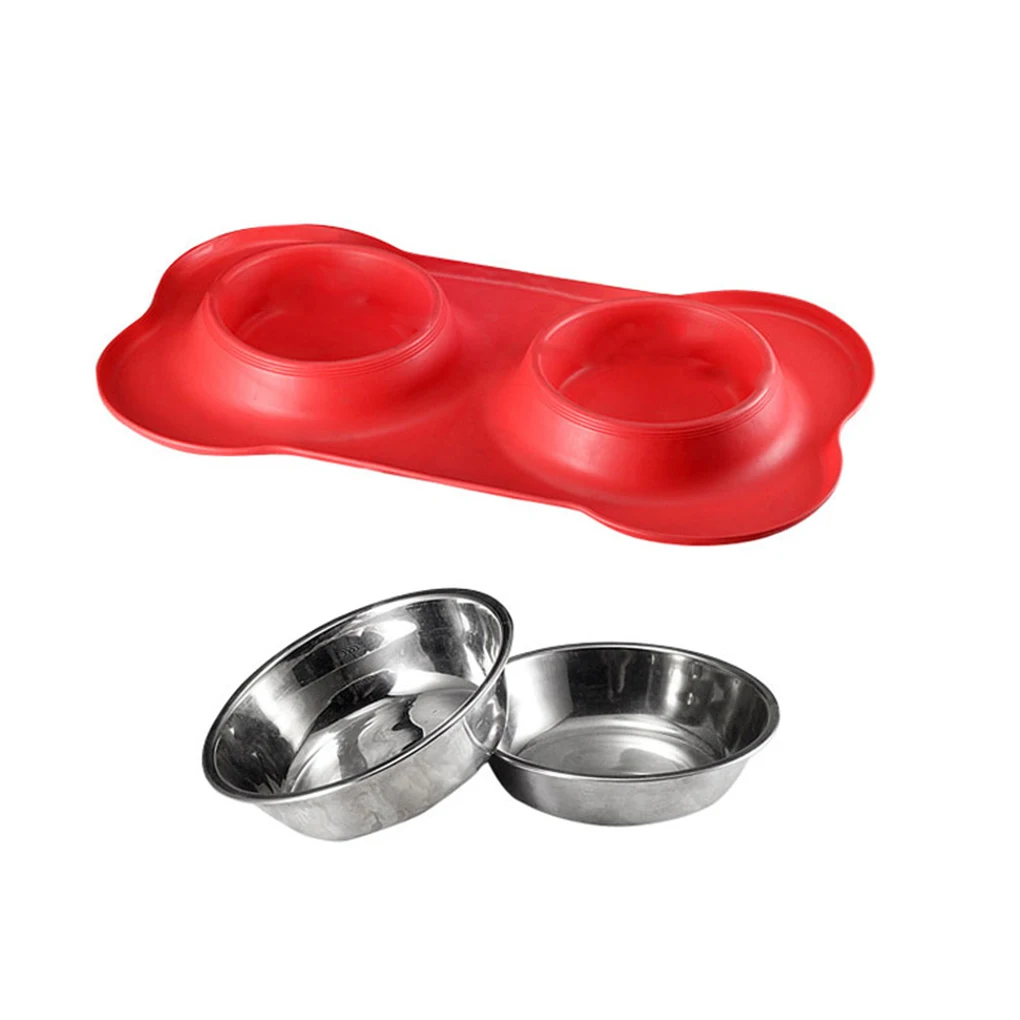 

Pet Double Bowl Stainless Steal Animal Feeding Dishes Non-Slip Food Water Holder Black