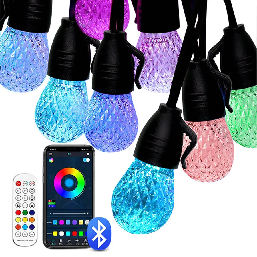 

LED Smart Outdoor String Light APP Control Color Changing 48ft 25 Bulbs Patio Lights Outdoor Bistro Backyard Party Porch Lights