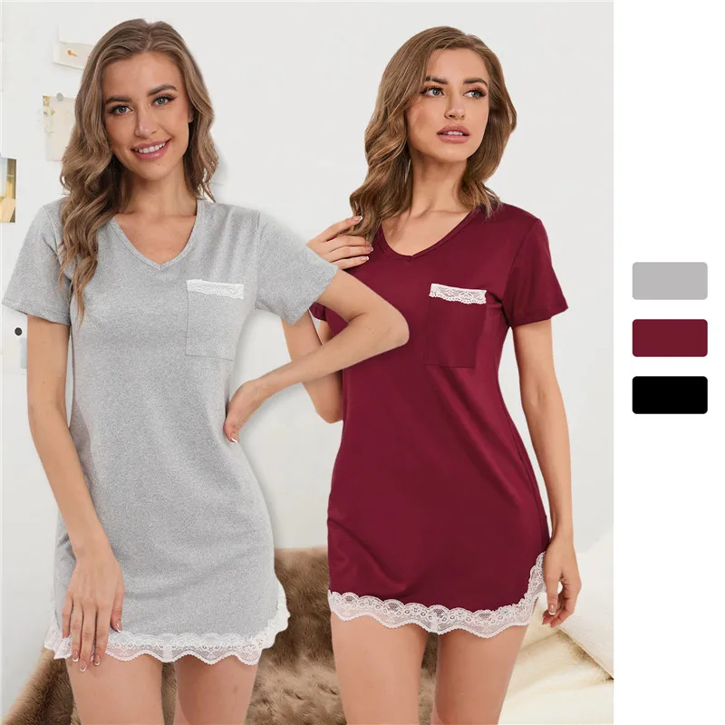 

Женское кружевное Повседневное платье, пижама с круглым вырезом, женская сексуальная хлопковая ночная рубашка с коротким рукавом, женская одежда для сна