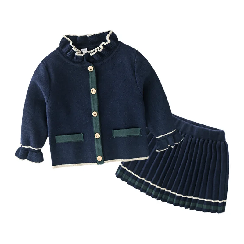 

new winter kids girl clothes blue Long sleeve thickening knitted cardigan coat Jacket and pleated stripes Half-length skirt Set