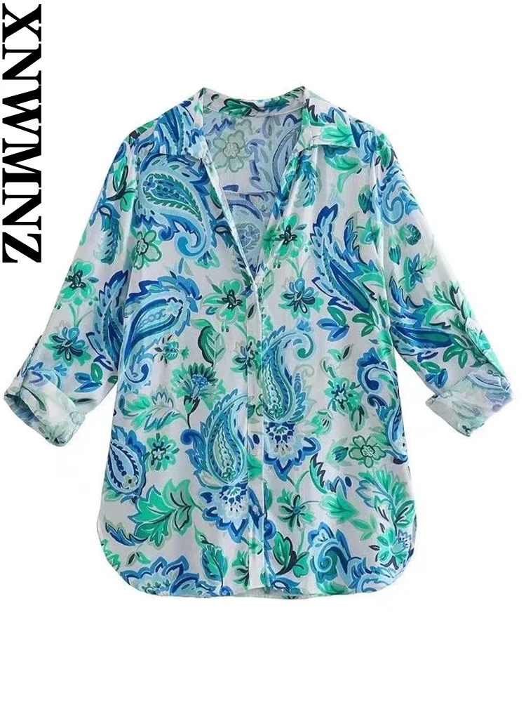 

XNWMNZ 2022 New Fashion Female Print Button Up Shirt Women V-neck Vintage Shirt Fashion Woman Blouses 2022 Elegant Shirts