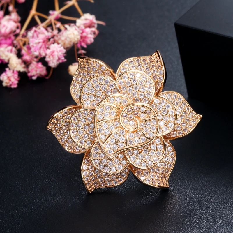 

ThreeGraces 3D Geometric Cubic Zirconia Jewelry Gold Color Luxury Big Statement Flower Rings for Women Anniversary Gift RG096