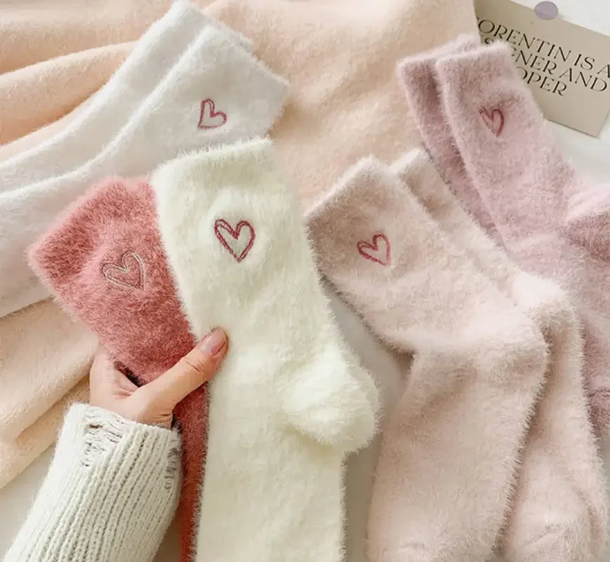 Розовые норковые бархатные теплые носки для сна женщин осень-зима утолщенные