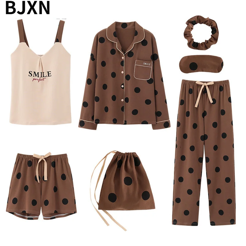 

BJXN 7pcs set Pyjamas Set Ladies Cotton Sweet Home Outerwear Women Sleepwear Set Home Wear Clothing Dot Print Pajama sets