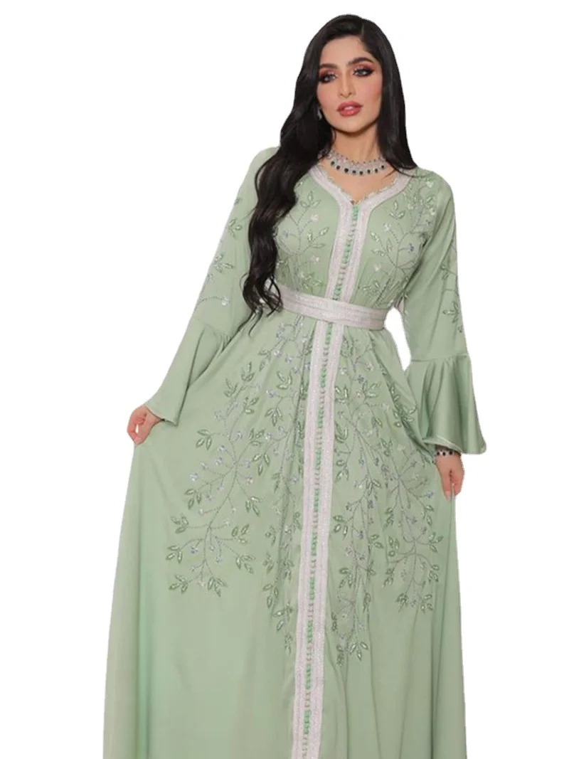 Dubai Abaya Luxury For Muslim Women Floral Rhinestone Lace Tape Panel Belted Dress Moroccan Kaftan Islamic Dresses Ramadan