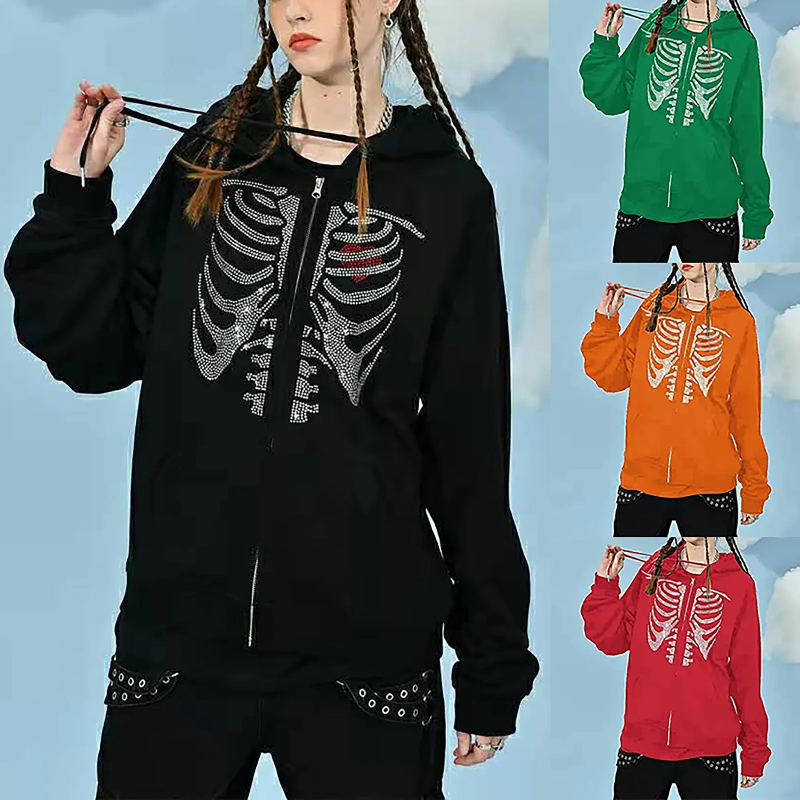 

Женский свитер на молнии с капюшоном Стразы в стиле 90-х уличная одежда Топ пальто свитшоты оверсайз