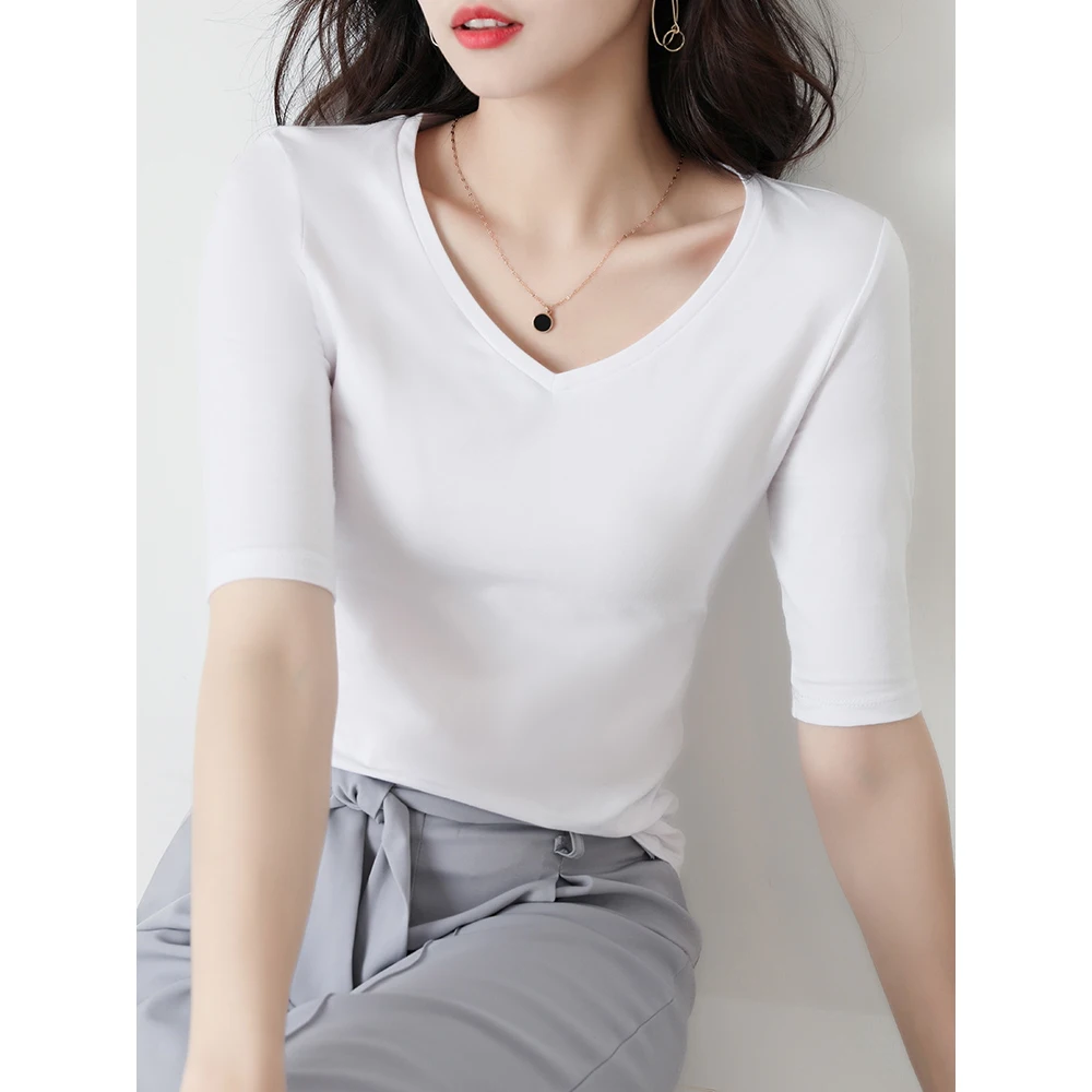 

Freeshipping Women Cotton T-shirt Half Sleeve V-NECK Solid color Office Lady Top All Match Women Basic T-shirts