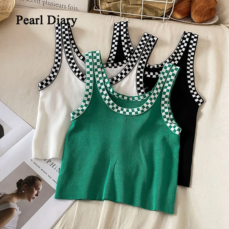 

Pearl Diary Women All-Match Knitting Crop Top Summer Trend Gridiron Pattern U Collar Tops Thin Sleeveless Y2k Top Women