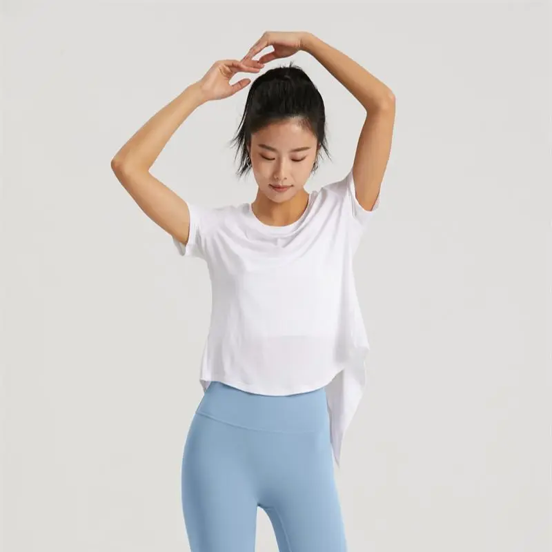 Short Sleeve Yoga Shirts Women Sports Top Vest Fitness Crop Top Back Splits Loose Breathable T-shirts  Gym Workout Sportswear