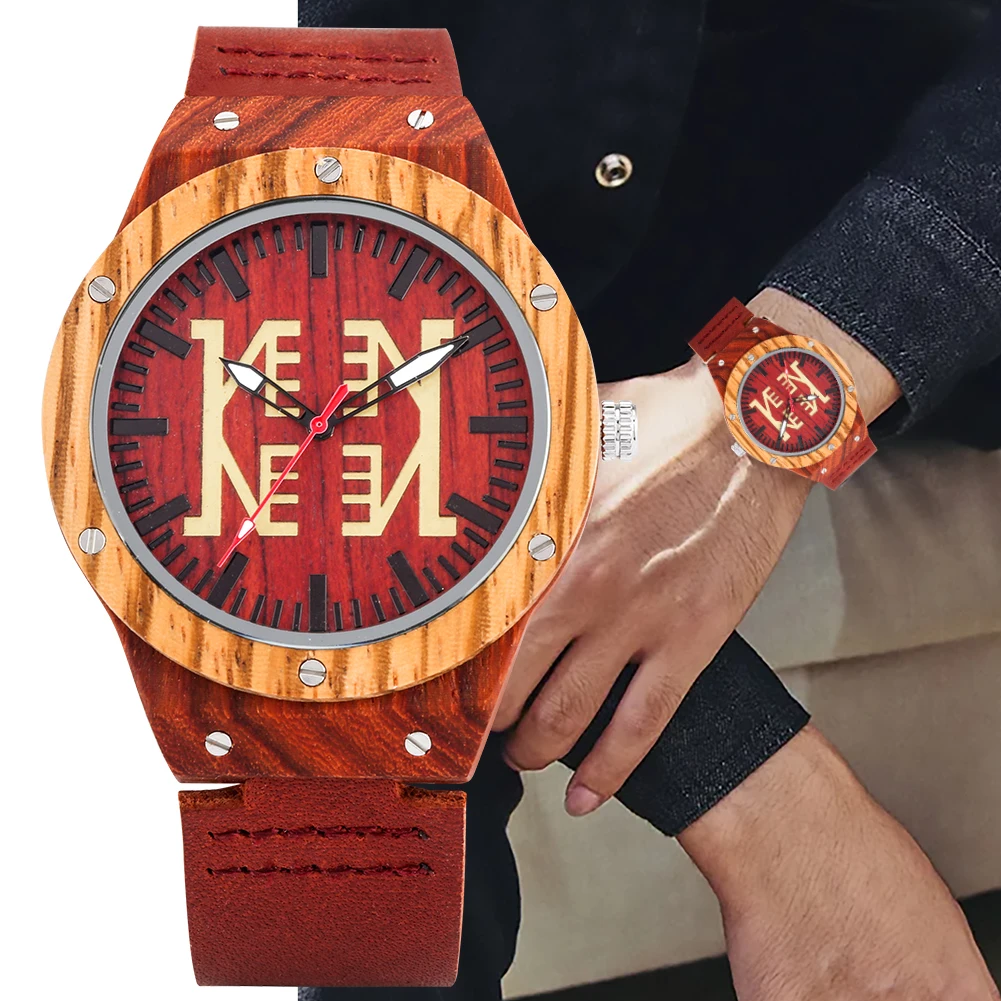 

Natural Handmade Carved KE Lettering Watch for Men Mens Fashion Red Sandalwood Case Clock Male Durable Leather Band Quartz Watch