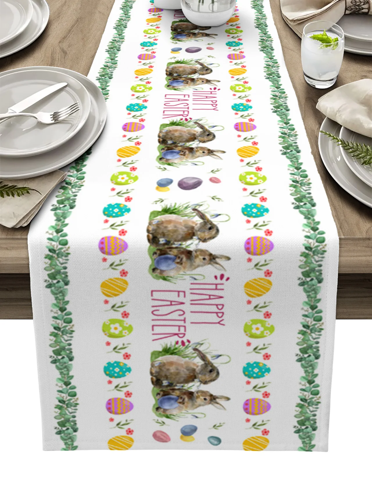 

Пасхальный декор 2023, Пасхальная Весенняя дорожка для стола с акварелью, кроликом и растением, свадебное украшение, домашняя искусственная с...