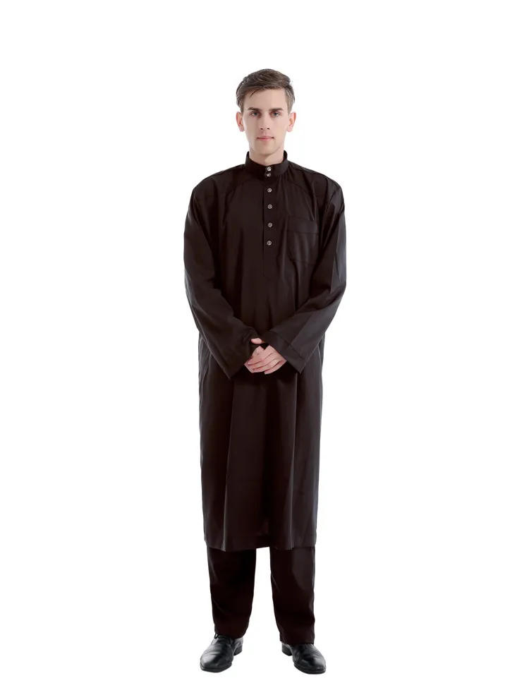 Wepbel Muslim Muslim Men Jubba Thobe Solid Color Two-Piece Set Men Robe Middle East Tand Collar Islamic Arabic Kaftan Men Abaya