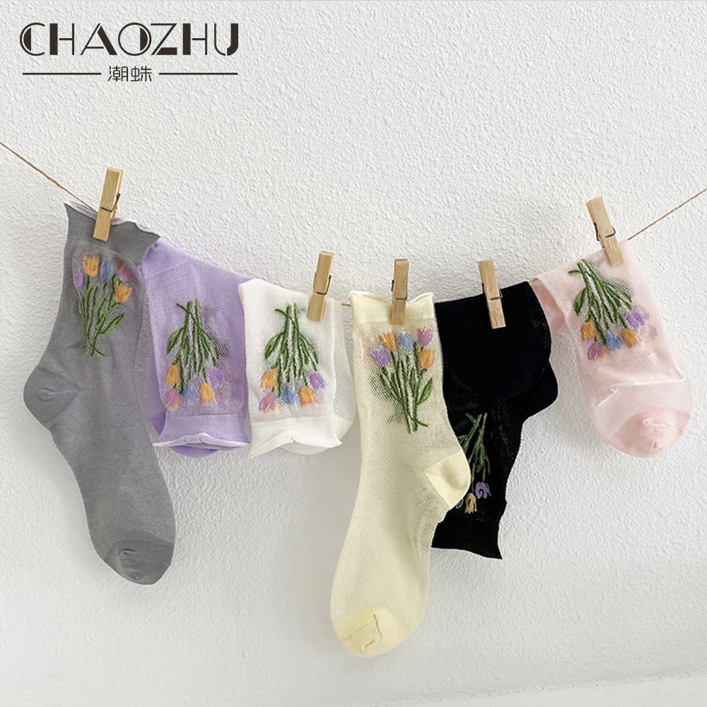 CHAOZHU Fishnet Breathable Spring Summer Cotton Loose Socks Thin Tulip Illustration Romantic Women Girs Floral Socks Korea OOTD