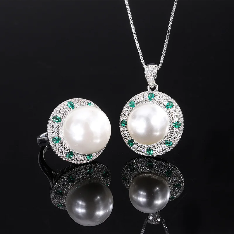 

2022 New White Pearl Beads for Pendant Sterling Silver 925 for Women Ring Set Mother Jewelry Gift Fashion Vintage Green Crystal