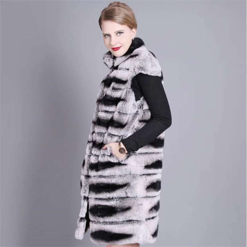 90CM Women Real Rex Rabbit Fur Vest Stand Collar Natural Chinchilla Color Rabbit Fur Waistcoat Sleeveless Jacket