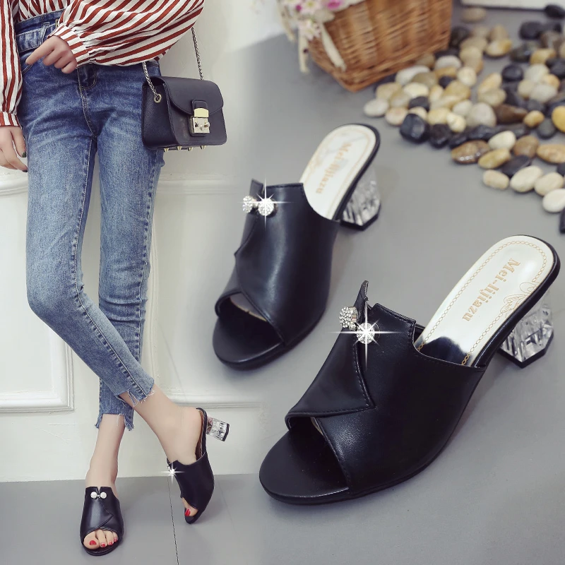 

Тапочки женские летние сандалии 2022 новая корейская мода женская обувь на высоком каблуке универсальная Стразы с открытым носком