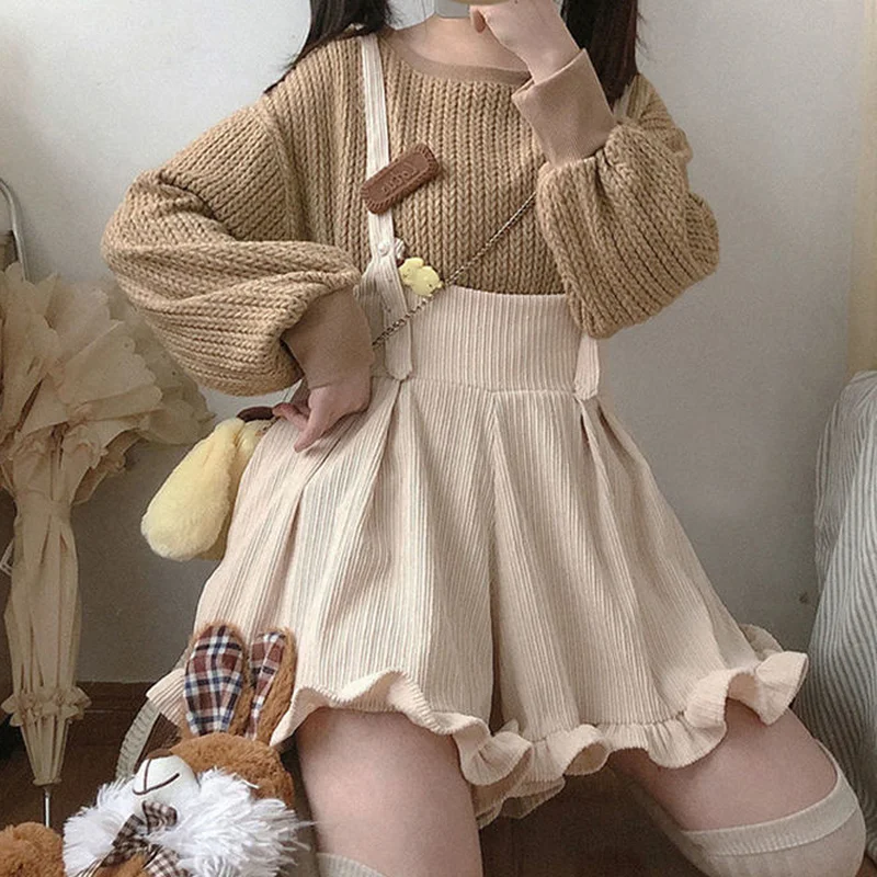 

Solid Corduroy Korean Style Ulzzang Kawaii Playsuits Women Ruffles Loose Spring Harajuku Leisure Soft Female Rompers Popular Ins
