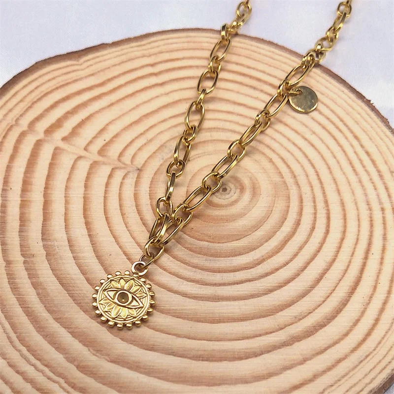 

Punk Stainless Steel Evil Eye Lotus Pendant Necklace Women Gold Color Choker Necklaces Jewelry cadena acero inoxidable N18629S07