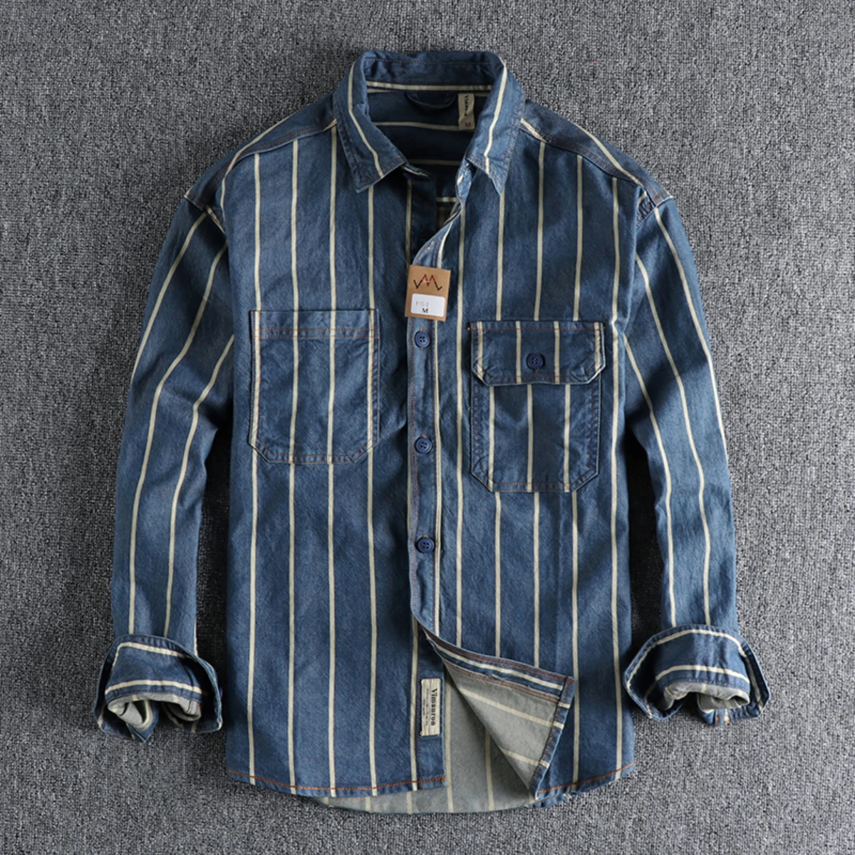 Camisa de mezclilla lavada a rayas personalizada para hombres, camisa de estilo de trabajo para jóvenes, tendencia retro americana, novedad de otoño