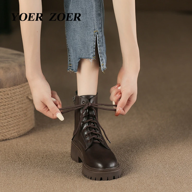 Women Martins boots Genuine leather brown British female 2023 new skinny ankle boots Trendy thick bottom Chelsea boots Casual