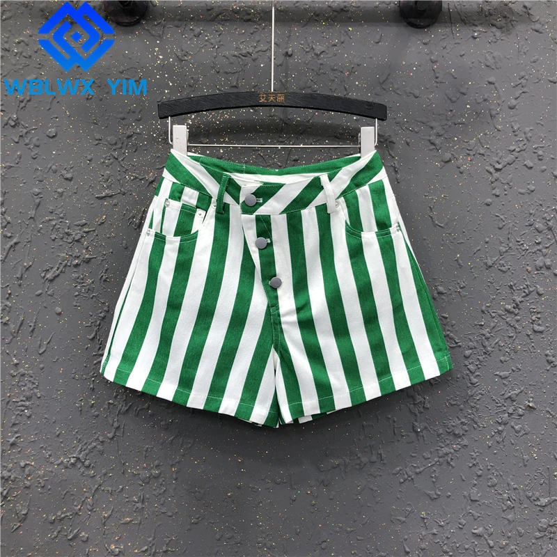 

High Waist Jeans Shorts Women 2022 Summer Casual Fashion Stripe Print Denim Shorts Female Loose A-Line Wide Leg Short Jeans