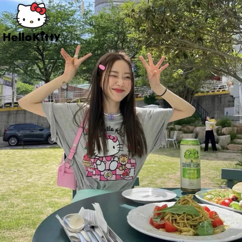 

Sanrio Cute Hello Kitty Cartoon Printed Women T-shir Summer New Loose Versatile Student Short Sleeve Y2k Preppy Sweet Girl Tees